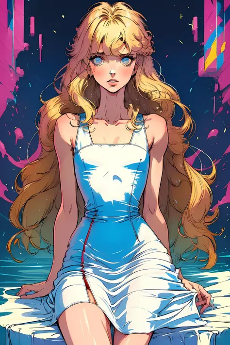 <lora:Ahsveden3:1.5>,Best quality,masterpiece,ultra high res,1girl, solo, long hair,retro artstyle, dress, sleeveless, bangs, <lora:Ink_poster-000004:.7>, blonde, flat chest,
