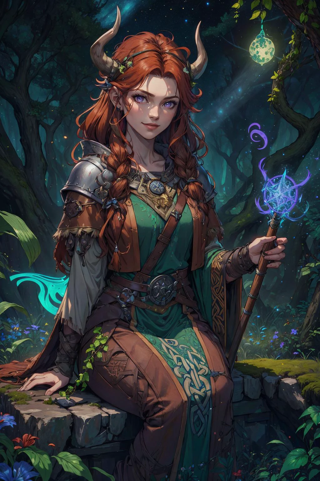 beautiful, linework, (outlines:1.05), shadows, <lora:detail_slider_v4:1.0>, <lora:Ink_poster-000004:0.25>,
(8K:1.2),
1 girl, adult czech woman, purple eyes, brown quiff hair,
<lora:GoodHands-beta2:0.8>,
(Style-SwampMagic:0.4), focus on character portrait, solo, half shot, looking down, detailed background, detailed face, (<lora:CulturePunkBundle-000007:0.5>, vikingpunkai, norse viking theme:1.1), warm smile, druid, wearing natural colored brown robes, leather, druid staff, sitting, restoration spell, inscriptions, natural magic, floating particles, swirling leaves in the air, moss, vines, branches, rock, lilies, sprouting plants, starry sky, forest in background, ethereal peaceful atmosphere,