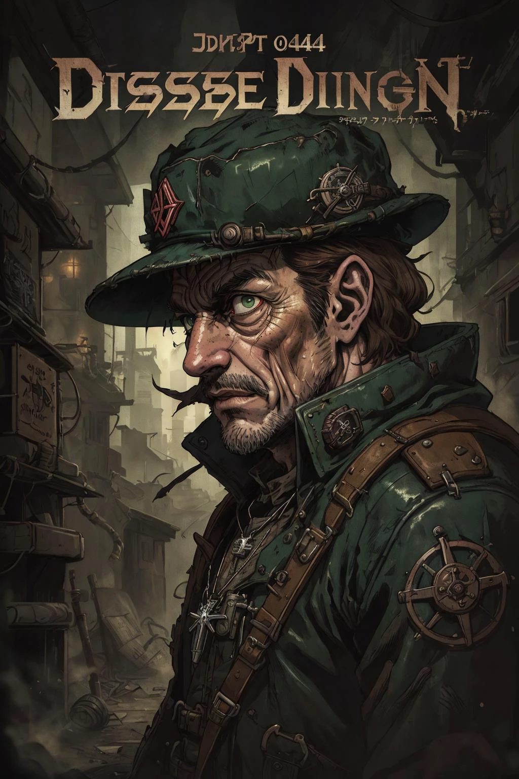 (best quality, masterpiece, highest detailed), comic cover art, poster art, <lora:Ink_poster-000004:0.3>,
(1man, wrinkled face, old jewish male:1.2), frail,  green eyes, medium brown hair, fade with sideburns, 
<lora:GoodHands-beta2:0.8>,
portrait, solo, from side, side view, (full body:0.6), detailed background, detailed face, (<lora:PunkBundleAI:0.4>, dieselpunkai, 1940s dieselpunk theme:1.1), explorer, sneaking,  curious, tattered leather clothes, coat, wide brim hat, pendant, gloves,   dark dungeon background, long forgotten relics, dim light, ominous,  cinematic atmosphere,