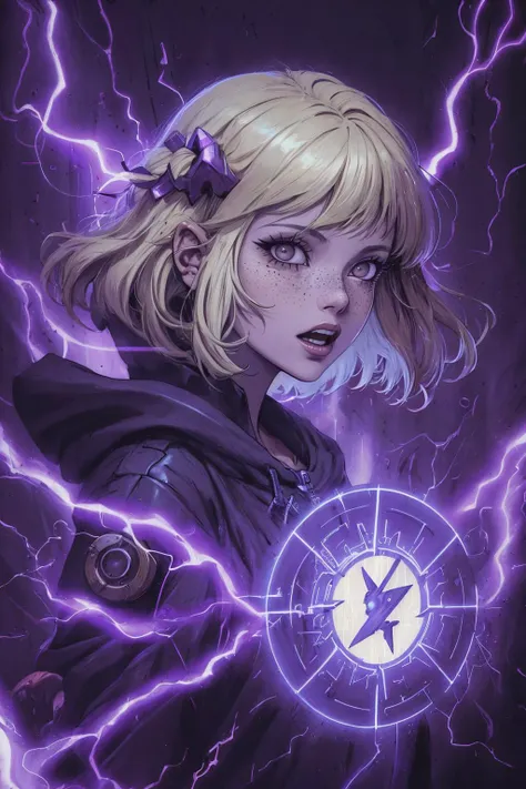 (best quality, masterpiece, highest detailed), comic cover art, poster art, <lora:Ink_poster-000004:0.3>,
1 girl, adult (elven:0.7) woman, freckles, black eyes, platinum blonde fringe hair,  
<lora:GoodHands-beta2:0.8>,
(style-swirlmagic:0.7), portrait, solo, from front, front view, (full body:0.6), looking at viewer, detailed background, detailed face, (<lora:ldv2:0.6>, glowing, electricity, purple, Lightning theme:1.1),    summoner, heretic, intricate necromancer robes, amulet, channeling,  (open mouth:0.8), ritual, summoning circle,  evil glowing  runes, occult essence,  red  magic energy, calling forth forbidden power, cursed flames in background, whirlwind, dark clouds, ethereal atmosphere,