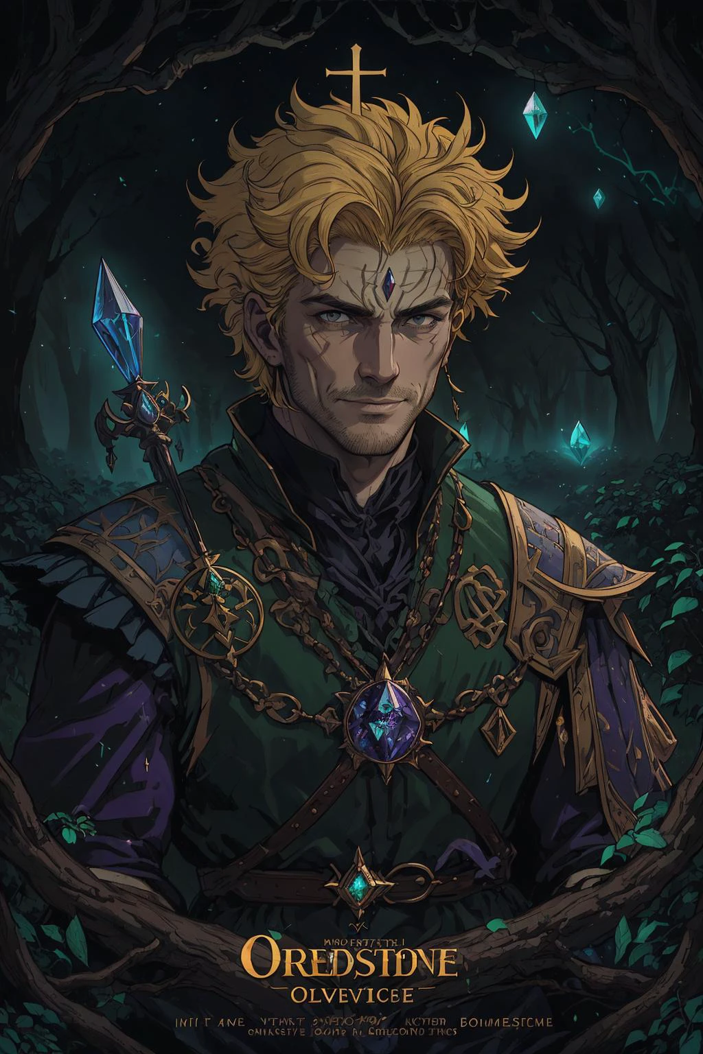 (best quality, masterpiece, highest detailed), comic cover art, poster art, <lora:Ink_poster-000004:0.3>,
(1man, muscular adult swedish male:1.2), black eyes, blonde hair, buzz cut,
<lora:GoodHands-beta2:0.8>,
(style-sylvamagic:1.0), looking away, solo, upper body, detailed background, detailed face, (<lora:DecorationBundlev2:0.4>, GemstoneAI, gemstone theme:1.1), sinister smile, wild hair, forest witch, wearing (purple:0.7) druidic robes, outdoors, overgrown orchard, simple staff, branches, vials, , glowing crystals, magical runes in the air, mystical chants, ominous foreboding, golden hour,