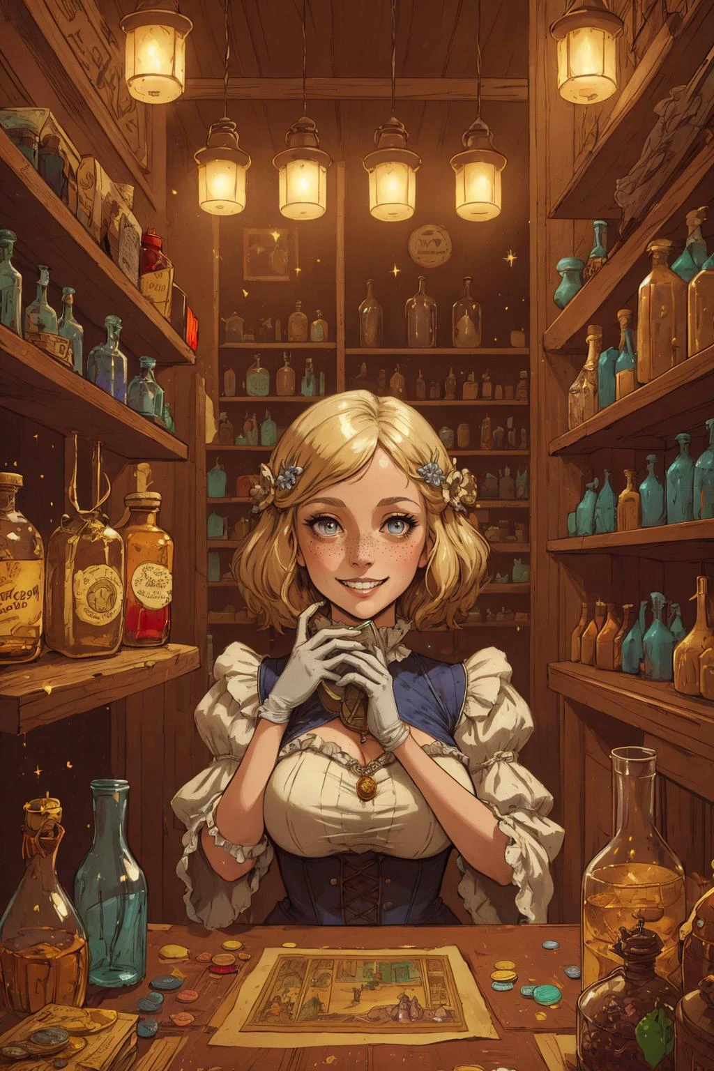 (best quality, masterpiece, highest detailed), comic cover art, poster art, <lora:Ink_poster-000004:0.3>,
1 girl, adult (elven:0.7) woman, freckles, silver eyes, medium blonde medium hair, ombre,
<lora:GoodHands-beta2:0.8>,
portrait, looking up, solo, half shot, detailed background, detailed face, (victorian theme:1.1), grin, arms spread, store clerk, (light brown:0.8) traveling merchant clothes, (medieval shop interior:1.1), (crates:0.8), (boxes:0.8), (storage baskets:0.8), (shelves:0.8), selling wide variety of magic potions, fluorescent bottles, swirling bottles, colored glass containers, glittering coins,