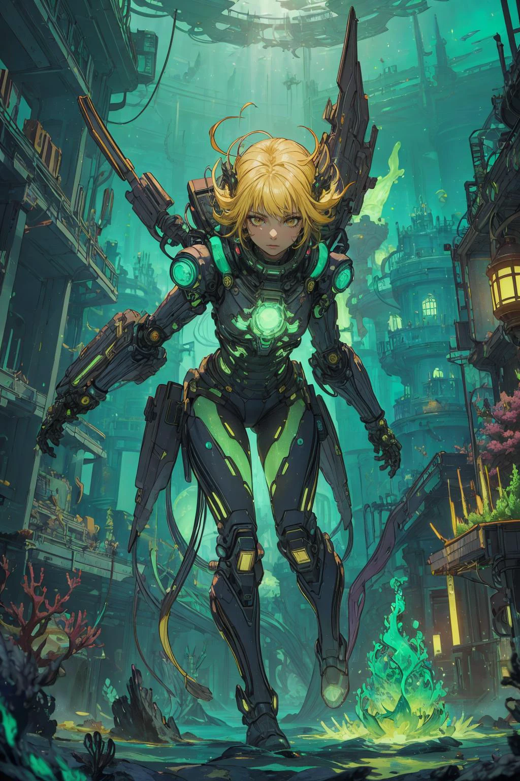 beautiful, linework, (outlines:1.05), shadows, <lora:detail_slider_v4:1.0>, <lora:Ink_poster-000004:0.25>,
(fine details:1.2), (sidelighting:1.2),
1 girl, adult woman, dark brown eyes, yellow hair flaps, ombre,
<lora:GoodHands-beta2:0.8>,
(style-swirlmagic:0.8), (focus on character:1.1), solo, from front, front view, full body, feet, looking up, detailed background, detailed face, (<lora:UraniumTech:0.6>, scifi, transparent, nuclear, see-through, uraniumtech theme:1.1), mystical atlantean, aquatic guardian, gills, fins, scale pattern, breathing underwater, seashell trinkets, water manipulation, weightless, underwater vegetation, under the sea, underwater , mystical aura, sunken ruins, ancient magic, atlantis, underwater geyser in background, surrounded by (seahorses:0.8), translucence, volumetric lighting, ethereal atmosphere,