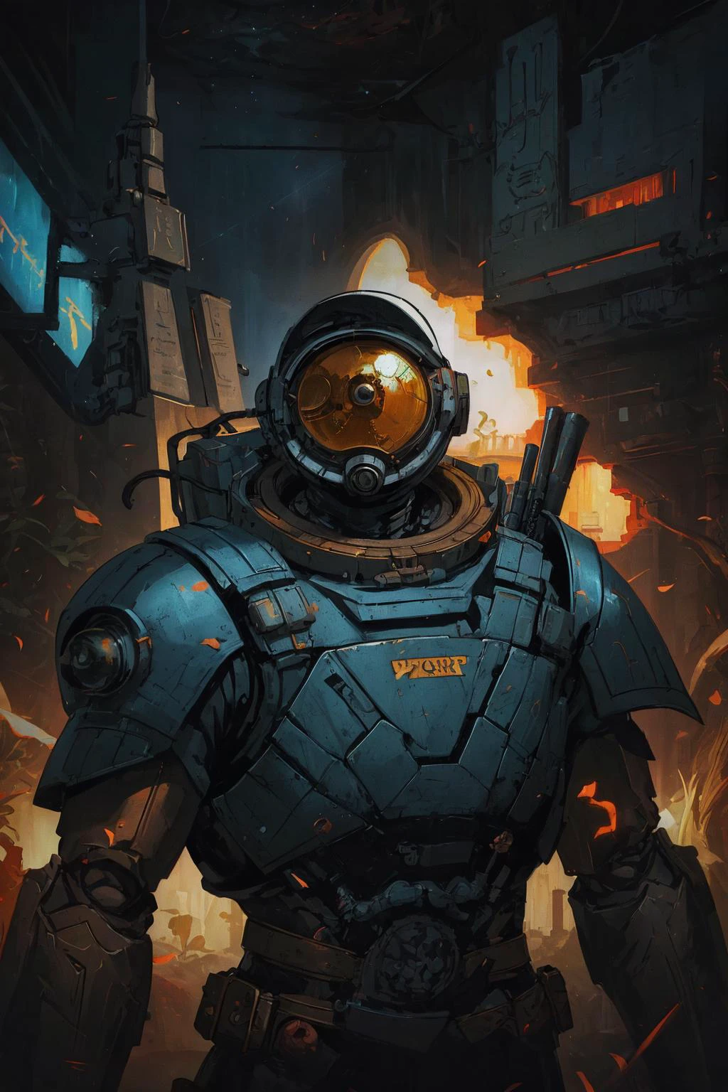 (best quality, masterpiece, highest detailed), comic cover art, poster art, <lora:Ink_poster-000004:0.3>,
(1man, masculine adult swedish male:1.2), black eyes, light brown hair, mid-fade,
<lora:GoodHands-beta2:0.8>,
Style-GravityMagic, cyborg portrait, looking away, solo, from front, front view, upper body, detailed background, close up, detailed face, (<lora:SovietPunkAIv2:0.6>, sovietpunkai, soviet astronaut space exploration theme:1.1), futuristic digital cobalt armor, thick armor, hexagonal pattern, cape, gadgets, robotics, cybernetics, (open helmet:0.6), dynamic pose, epic spaceship in background, yellow lights, flashes of light, sparks, explosions, hologram, cinematic atmosphere,