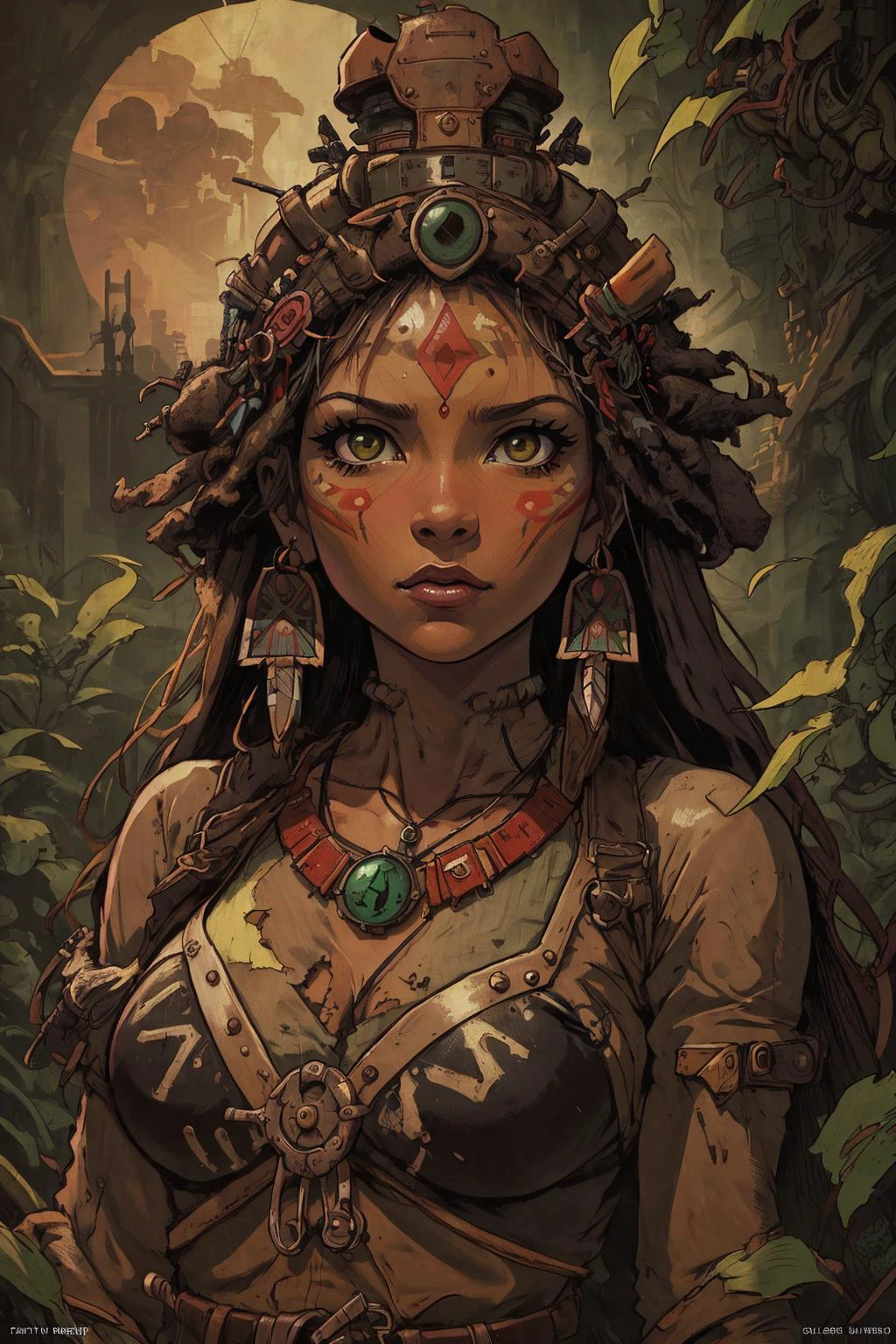 (best quality, masterpiece, highest detailed), comic cover art, poster art, <lora:Ink_poster-000004:0.3>,
1 girl, adult woman, coral eyes, light brown lob hair, ombre,
<lora:GoodHands-beta2:0.8>,
solo, upper body, looking away, detailed background, detailed face, (<lora:CulturePunkBundle-000007:0.5>, zulupunkai, zulu theme:1.1), aggressive jungle fighter, primal fury, feral eyes, wild hair, pink frayed tribal clothing, ritual knife, tribal markings, , ornaments, bushes, vines, temple in background, fauna in background, moonlight, cinematic atmosphere,