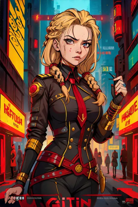 <lora:ink_poster:0.5>, movie poster, 1girl, one hand raised, seeking attention, ash blonde dreadlocks, brown eyes, wearing ruby blouse, futuristic city || <lora:ink_poster:0.2>, movie poster, masterpiece, 8k, high resolution, shallow depth of field, sharp focus