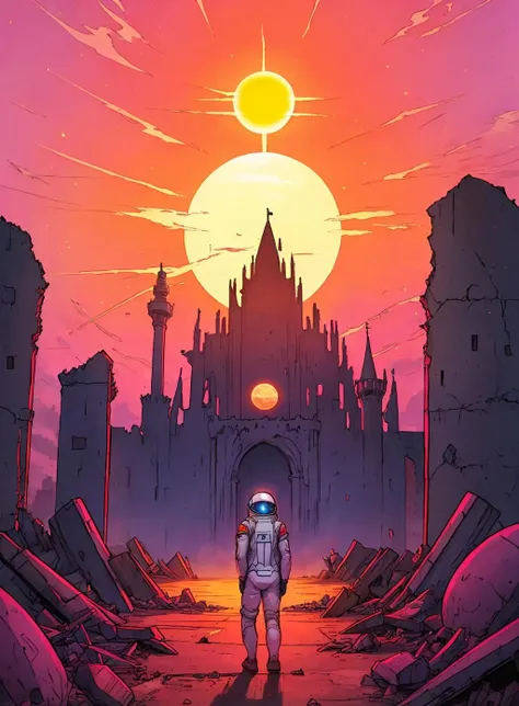 draw of a place,
mars, sun, pink sky, astronaut far, ruins, castle
<lora:Ink_poster-000004:.6>,