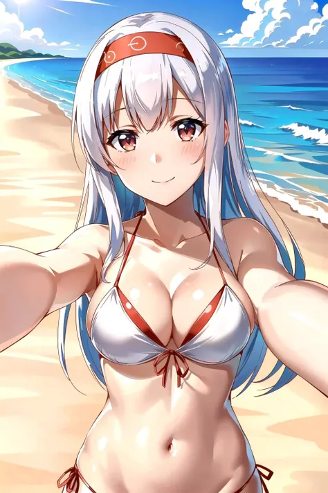 one girl, long wavy hair, white hair, ponytail, light green eyes,big breasts,(shy smile,clenched teeth), blush, (makeup),nude,nipples,pussy, standing, pov from front, beach,sweating body,(suntan),shining body,selfie
