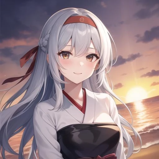 (masterpiece, best quality:1.2),illustration,8k,hd,beautiful purple sunset at beach,1girl,solo,upper body,(portrait:1.2),long_hair,thighhighs,muneate,skirt,japanese_clothes,smile,brown_eyes,boots,thigh_boots,hairband,zettai_ryouiki,gloves,white_hair,grey_hair,kyuudou,ribbon,<lora:Shoukaku(kan)>,