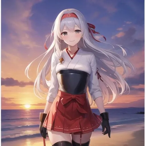 (masterpiece, best quality:1.2),illustration,8k,hd,beautiful purple sunset at beach,1girl,solo,cowboy shot,long_hair,thighhighs,muneate,skirt,japanese_clothes,smile,brown_eyes,boots,thigh_boots,hairband,zettai_ryouiki,gloves,white_hair,grey_hair,kyuudou,ribbon,<lora:Shoukaku(kan)>,