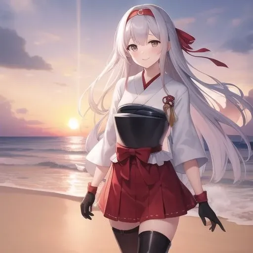 (masterpiece, best quality:1.2),illustration,8k,hd,beautiful purple sunset at beach,1girl,solo,cowboy shot,long_hair,thighhighs,muneate,skirt,japanese_clothes,smile,brown_eyes,boots,thigh_boots,hairband,zettai_ryouiki,gloves,white_hair,grey_hair,kyuudou,ribbon,<lora:Shoukaku(kan)>,