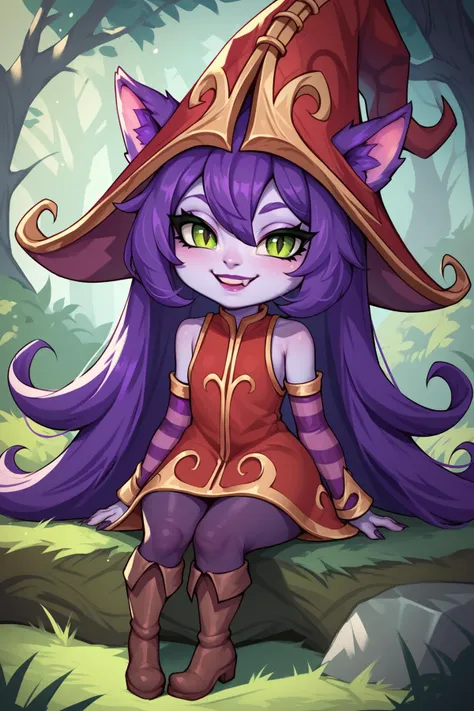 score_9, score_8_up, score_7_up, score_6_up, score_5_up, score_4_up, LuluLoLXL, shortstack, yordle, green eyes, purple hair, very long hair, sidelocks, bangs, animal ears, purple skin, colored skin, witch hat, ears through headwear, red dress, purple striped sleeves, purple pantyhose, boots, sitting, seductive smile, looking at viewer, forest, tree  <lora:LuluLoLXL:0.7>