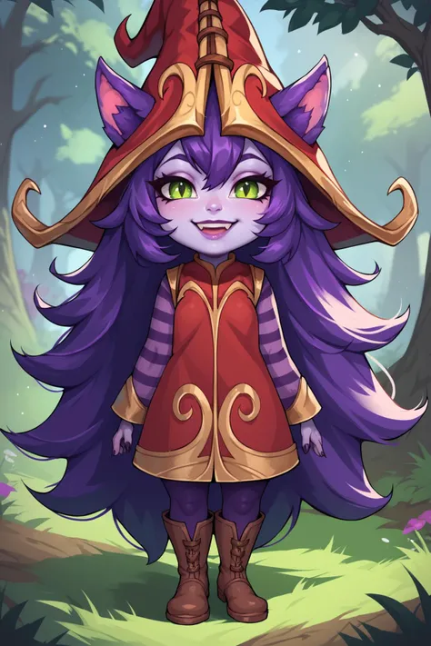 score_9, score_8_up, score_7_up, score_6_up, score_5_up, score_4_up, LuluLoLXL, shortstack, yordle, green eyes, purple hair, very long hair, sidelocks, bangs, animal ears, purple skin, colored skin, witch hat, ears through headwear, red dress, purple striped sleeves, purple pantyhose, boots, standing, seductive smile, looking at viewer, forest, tree  <lora:LuluLoLXL:0.7>