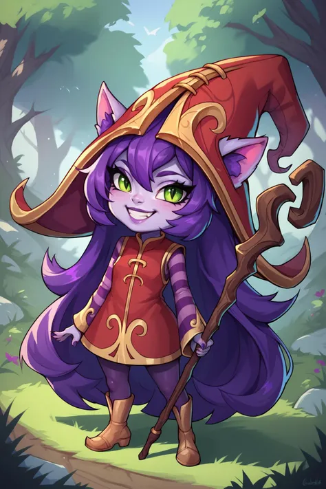 score_9, score_8_up, score_7_up, score_6_up, score_5_up, score_4_up, LuluLoLXL, shortstack, yordle, green eyes, purple hair, very long hair, sidelocks, bangs, animal ears, purple skin, colored skin, witch hat, ears through headwear, red dress, purple striped sleeves, purple pantyhose, boots, staff, holding staff, standing, full body, seductive smile, looking at viewer, forest, tree  <lora:LuluLoLXL:0.7>