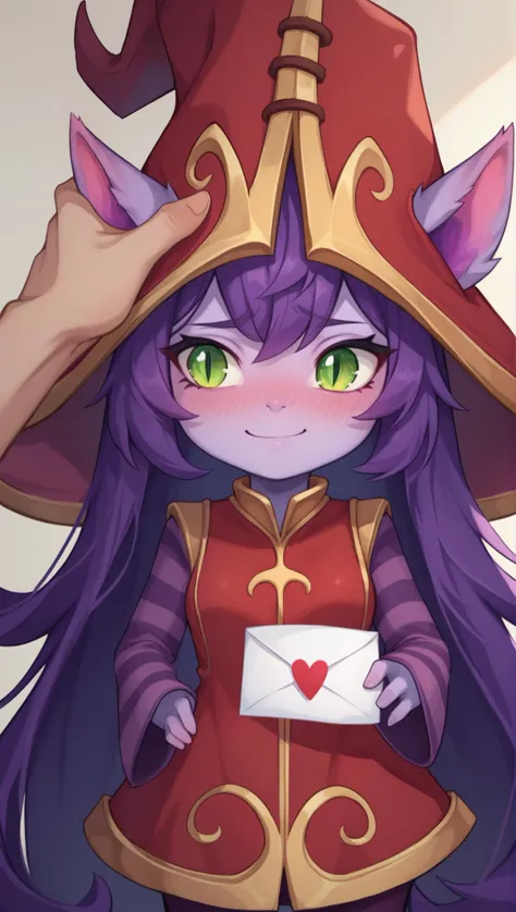 score_9,score_8_up,score_7_up,score_6_up,LuluLoLXL,shortstack,yordle,green eyes,purple hair,very long hair,sidelocks,bangs,animal ears,purple skin,colored skin,witch hat,ears through headwear,red dress,purple striped sleeves,upper body,<lora:LuluLoLXL:0.7>,see-through,skinny clothes,skin tight,bedroom,nose blush,love letter,letter,looking to the side,A girl is handing a letter to the viewer,narrow waist,pov,(happy:0.9),smile,