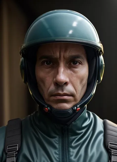 emotional full color photo of <lora:ChristopherLee:1> cl1 face, man Wearing an adaptive camouflage spacesuit: stealth suit, adaptive camouflage, alien environment blending., Wearing an Eco-Breather Helmet, a translucent, aqua-blue helmet with subtle, swirling patterns. 8k uhd, high quality, film grain, looking at viewer, portrait, (skin pores:1.2), (moles:0.8), (imperfect skin:1.1), intricate details, goosebumps, flawless face, ((photorealistic):1.1), (raw, 8k:1.2), hyper realistic, HDR, cinematic, dark, muted colors, atmosphere, ((macro lens)), after dusk