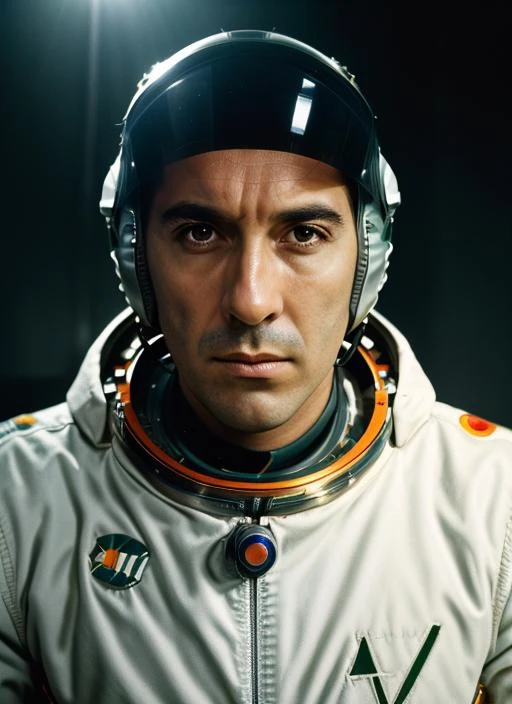 ( <lora:ChristopherLee:.8>) Portrait photo of (cl1) a man with short hair, Detailed face, (perfect green eyes), (realistic matte skin:1.1), perfect body, wearing ((Apollo-Soyuz Test Project Spacesuit (ASTP) )), Modelshoot style, Professional Photography, soft lighting, PHOTOREALISTIC, Realistic, standing in dark studio background, blurred background, volumetric fog,. RAW, analog style, sharp focus, 8k, HD, DSLR, high quality, Fujifilm XT3, film grain, award winning, masterpiece,