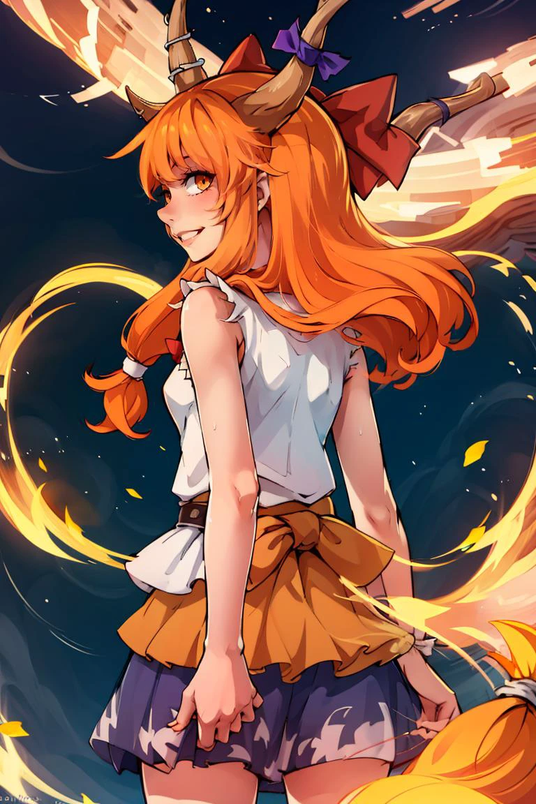 ((masterpiece,best quality)), absurdres, <lora:Ibuki_Suika_Touhou:0.8>, Ibuki_Suika_Touhou, horns, ibuki suika, 1girl, long hair, solo, bow, hair bow, horn ornament, ribbon, horn ribbon, orange hair, shirt, sleeveless, red bow, sleeveless shirt, solo, smiling, looking at viewer, from behind, cowboy shot,