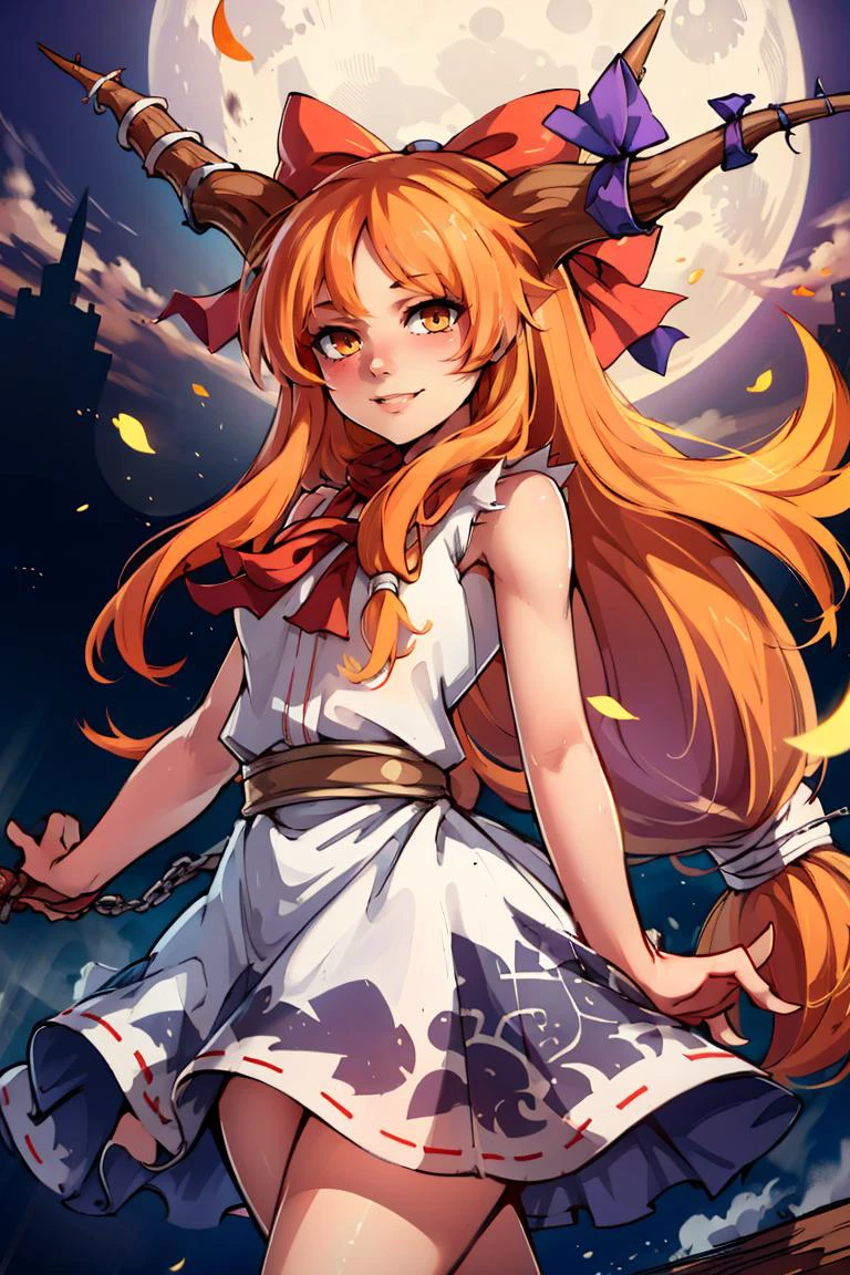 ((masterpiece,best quality)), absurdres, <lora:Ibuki_Suika_Touhou:0.8>, Ibuki_Suika_Touhou, horns, ibuki suika, 1girl, long hair, solo, bow, hair bow, horn ornament, ribbon, horn ribbon, orange hair, shirt, sleeveless, red bow, sleeveless shirt, solo, smiling, looking at viewer, cowboy shot, full moon, big moon