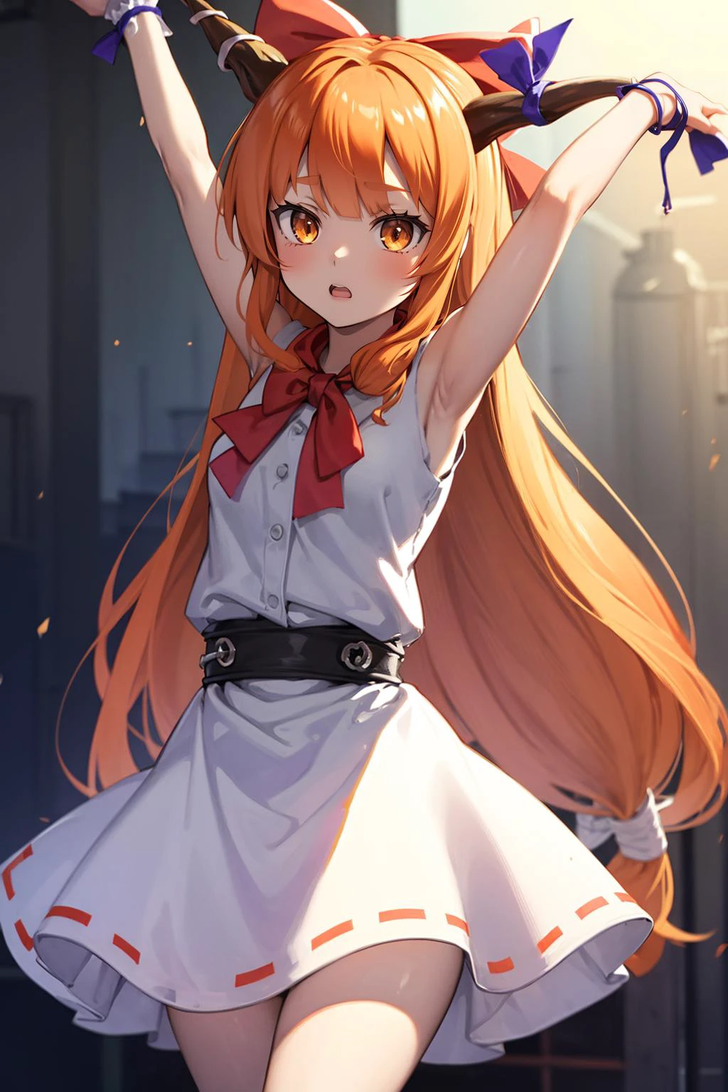masterpiece, best quality, action, spread arms, <lora:Ibuki_Suika_Touhou:.8> Ibuki_Suika_Touhou, horns, ibuki suika, 1girl, long hair, solo, bow, hair bow, horn ornament, ribbon, horn ribbon, orange hair, shirt, sleeveless, red bow, sleeveless shirt,