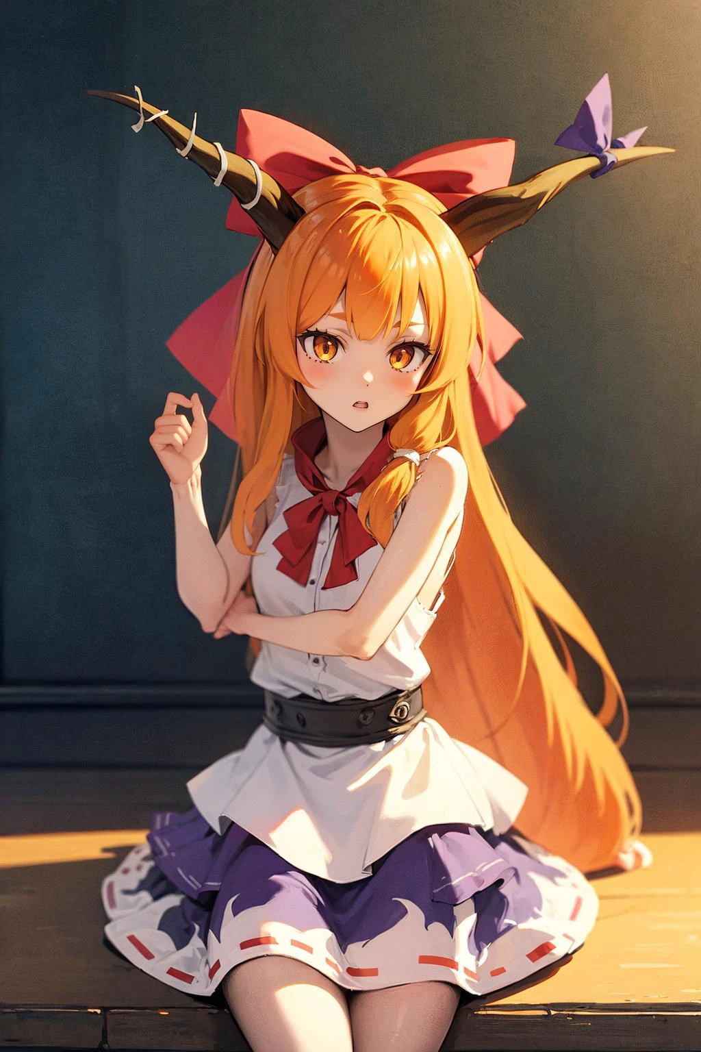 masterpiece, best quality, modelshoot, adjusting her collar, <lora:Ibuki_Suika_Touhou:.8> Ibuki_Suika_Touhou, horns, ibuki suika, 1girl, long hair, solo, bow, hair bow, horn ornament, ribbon, horn ribbon, orange hair, shirt, sleeveless, red bow, sleeveless shirt,