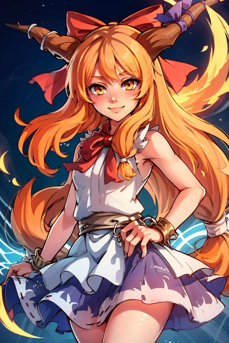 ((masterpiece,best quality)), absurdres, <lora:Ibuki_Suika_Touhou:0.8>, Ibuki_Suika_Touhou, horns, ibuki suika, 1girl, long hair, solo, bow, hair bow, horn ornament, ribbon, horn ribbon, orange hair, shirt, sleeveless, red bow, sleeveless shirt, solo, smiling, looking at viewer, cowboy shot,