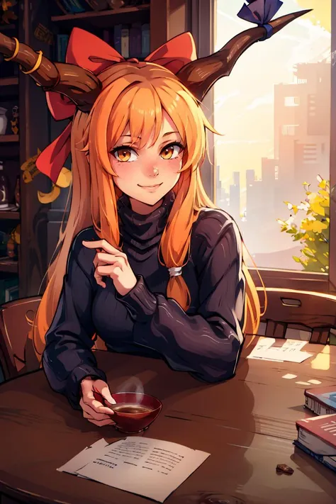 turtleneck sweater, earrings, library, cup of coffee, sitting at table ((masterpiece,best quality)), absurdres, <lora:Ibuki_Suika_Touhou:0.8>, Ibuki_Suika_Touhou,  horns, ibuki suika, 1girl, long hair, solo, bow, hair bow, horn ornament, ribbon, horn ribbon, orange hair, red bow, solo, smiling, looking at viewer, cowboy shot,