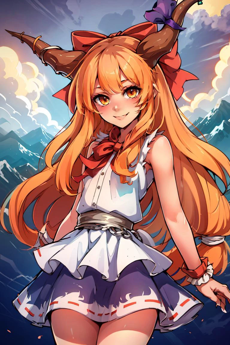 ((masterpiece,best quality)), absurdres, <lora:Ibuki_Suika_Touhou:0.8>, Ibuki_Suika_Touhou, horns, ibuki suika, 1girl, long hair, solo, bow, hair bow, horn ornament, ribbon, horn ribbon, orange hair, shirt, sleeveless, red bow, sleeveless shirt, solo, smiling, looking at viewer, cowboy shot,