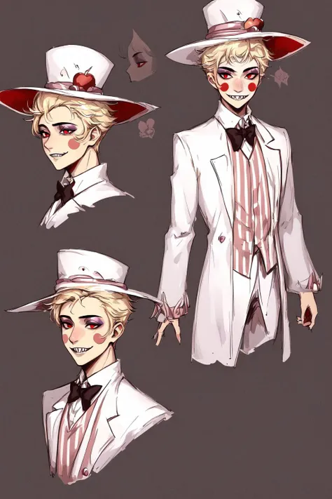 (masterpiece), best quality, (perfect face, blush stickers, grin, sharp teeth, colored skin, makeup), 1boy, male focus, (blonde hair, short hair), (top hat, hat, white headwear), (white coat, long sleeves, striped shirt, suit), (red eyes)  <lora:Lucifer-003:0.75>  <lora:reference sheet-model sheet:1>, reference sheet, model sheet, simple background, (multiple views, [full body|from behind|from side|from front|close-up|upper body|portrait]:1),