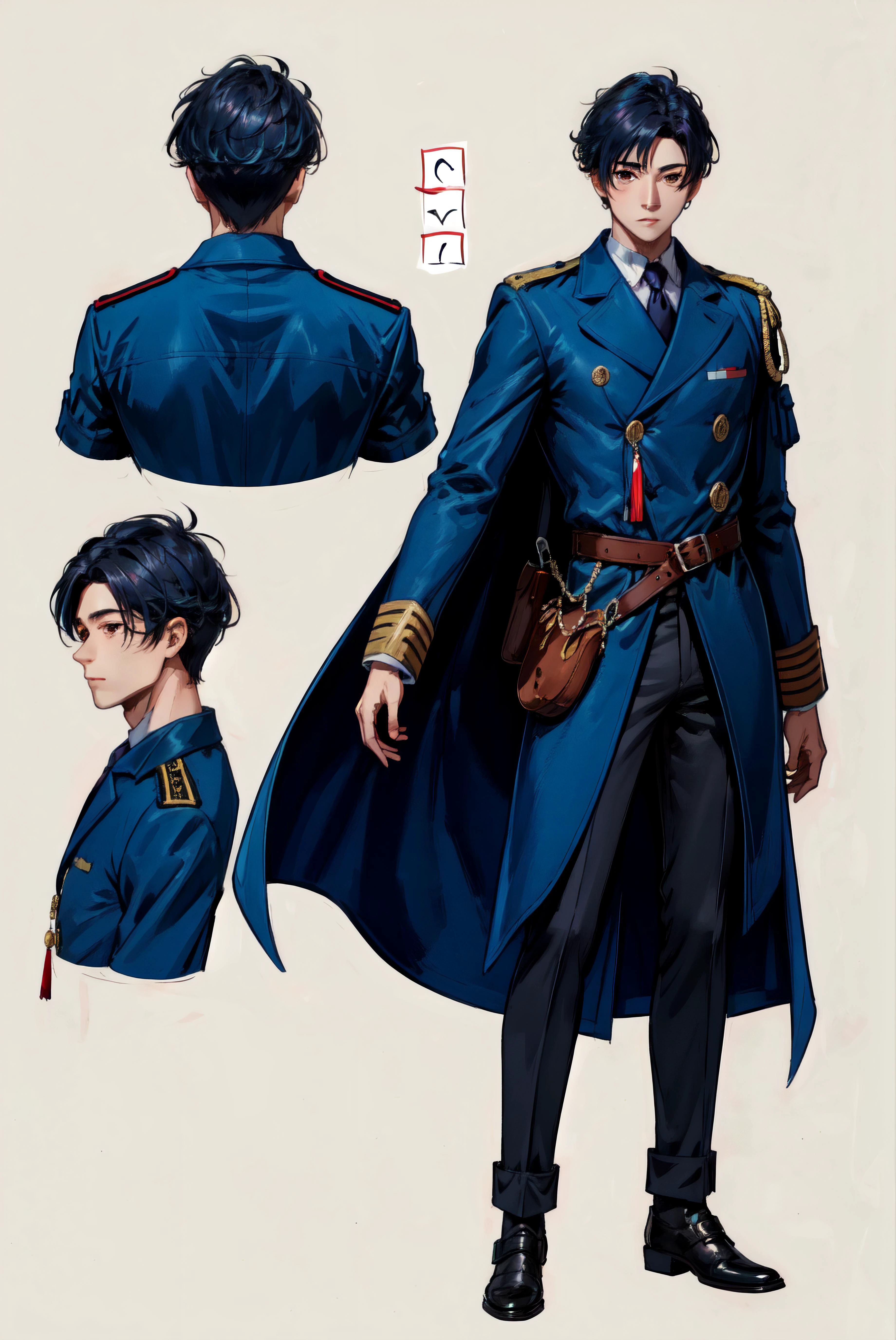 dal, beautiful, masterpiece, best quality, perfect lighting,  <lora:reference sheet-model sheet:1> , reference sheet, model sheet, simple background, (multiple views, [full body|from behind|from side|from front|close-up|upper body|portrait]:1),    1boy, male, coat, intricate details, military uniform,