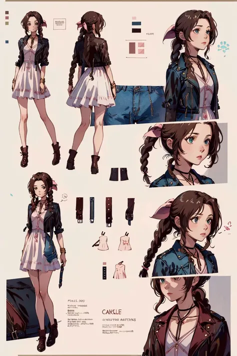 , <lora:reference sheet-model sheet:1> , reference sheet, model sheet, simple background, <lora:aerith-nvwls-v1-final:1>, aerith gainsborough, choker, cropped jacket, hair bow, bracelet, pink dress, brown boots, (masterpiece, best quality, high quality, highres, ultra-detailed),