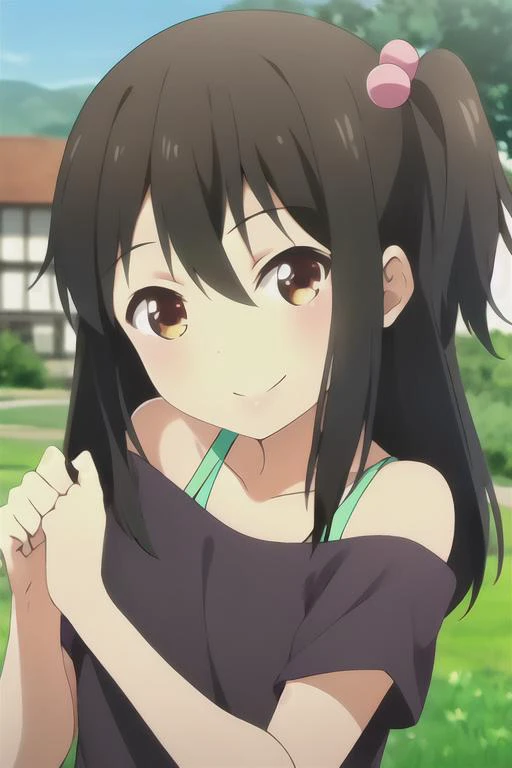 tenka, black top, black shorts, masterpiece, best quality,1girl,solo, smile, rural town exterior, portrait, <lora:tenka_AnyV3-000023:1>