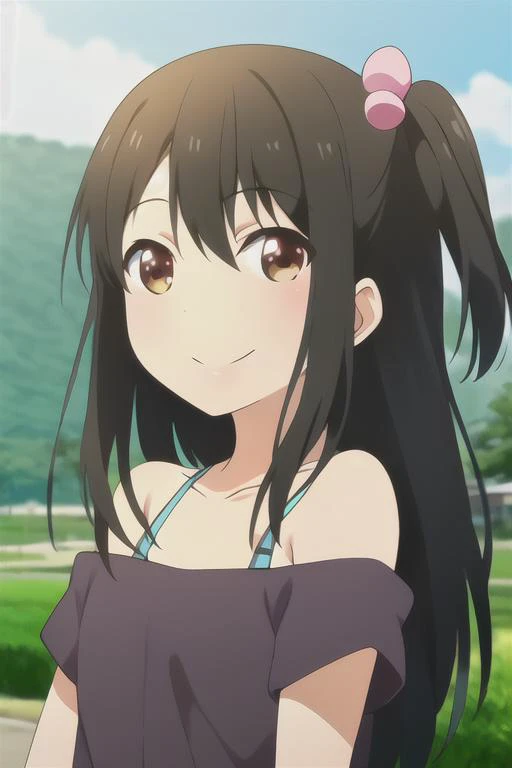 tenka, black top, black shorts, masterpiece, best quality,1girl,solo, smile, rural town exterior, portrait, <lora:tenka_AnyV3-000023:1>