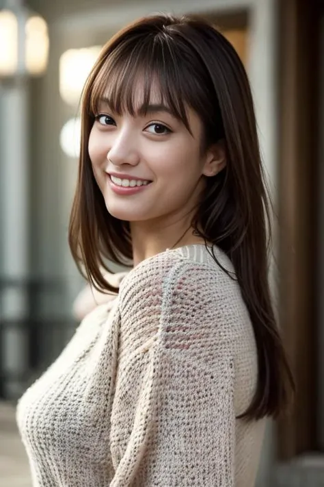 masterpiece,DSLR photo,analog style,nikon d5,real photo,a photo of a beautiful 20 year old woman,dramatic lighting (85mm),with Blooming garden in the background,(detailed facial features),(detailed shiny eyes),dynamic angle,Michelangelo style,long hair,turtleneck sweater,smiling face:1.4,