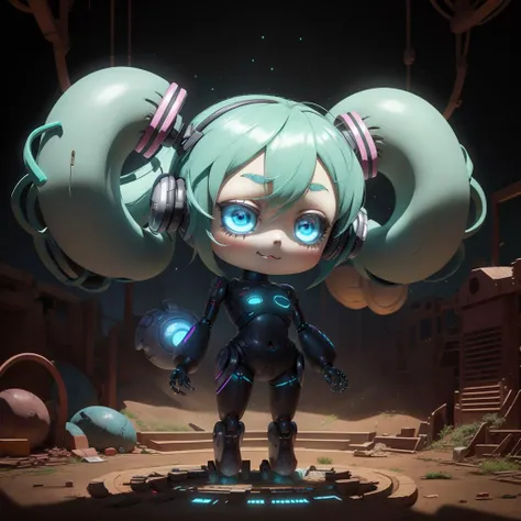 <lora:EggmanTech-20:1.3>,eggmantech, robotic , hatsune miku, glowing eyes, twintails, chibi, 1girl, full body,