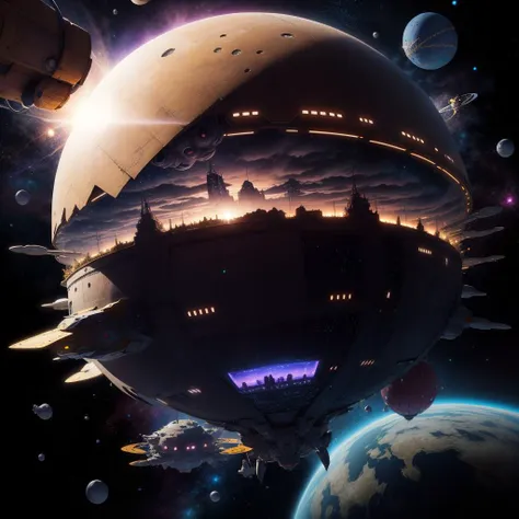 <lora:EggmanTech-20:0.8>,eggmantech,space ship, city on top