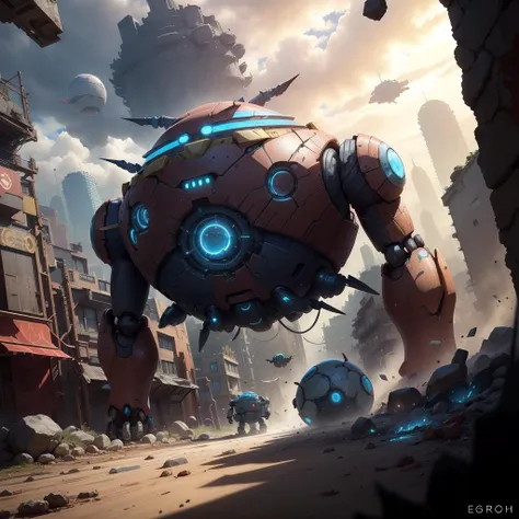 <lora:EggmanTech-20:1>,eggmantech,scifi,robot, red battle mech,floating stones , debris, cityscape,