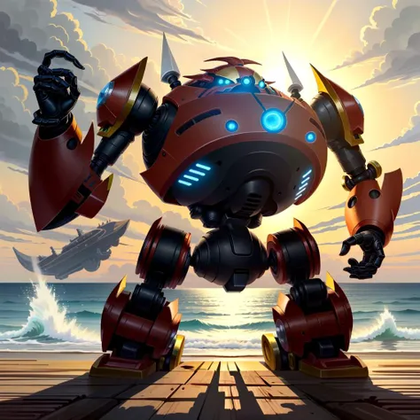 (best quality), detailed ,<lora:EggmanTech-20:1>,eggmantech,   battle mech ,robotic tail,laser cannon ,ocean,