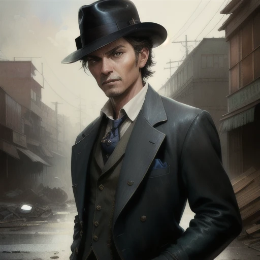 markopetkovic, rfktrsNosferatiV10_v10 (noir detective:1.2), tan skin, (fancy suit:1.1), fedora, smirk, (ultra detailed face and eyes:1.1), (album art:1.1), slum cyberpunk, frown, (slum old garage:1.1), (artpunk:1.0), unique pose, (trigun:1.1), (masterpiece:1.1), best quality, run-down, ultra high detail, (by antoine blanchard and casey baugh:1.1), (by zdzislaw beksinski:0.8), extremely intricate, extreme detail, raytracing, reflections, beautiful lighting, harsh lighting, watercolor, High Saturation Clarity Contrast, deep levels, sharp, retouched, color graded, soft lighting