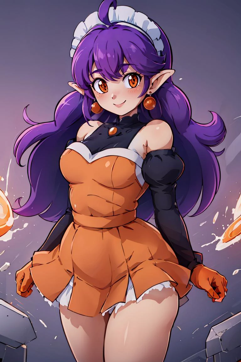 <lora:Konpeto_Style_Dim32:0.8>, , ((masterpiece,best quality)), absurdres, <lora:Stardust_Pumpkins_Citron_OC_Anime:0.8>, Stardust_Pumpkins_Citron_OC, 1girl, solo, long purple hair, orange eyes, ahoge, pointy ears, orange dress, elbow gloves, bare shoulders, maid headdress, jewelry, earrings, solo, smiling, looking at viewer, cowboy shot, cinematic composition, , contrapposto,