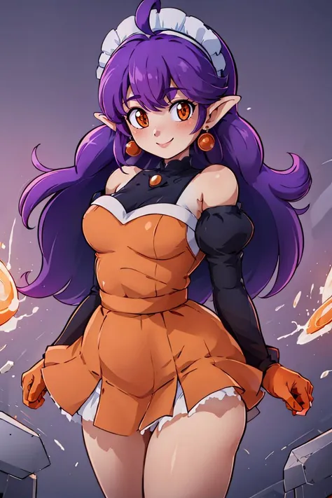 <lora:Konpeto_Style_Dim32:0.8>, , ((masterpiece,best quality)), absurdres, <lora:Stardust_Pumpkins_Citron_OC_Anime:0.8>, Stardust_Pumpkins_Citron_OC,  1girl, solo, long purple hair,  orange eyes, ahoge, pointy ears, orange dress, elbow gloves, bare shoulders, maid headdress, jewelry, earrings,  solo, smiling, looking at viewer, cowboy shot,  cinematic composition,  , contrapposto,