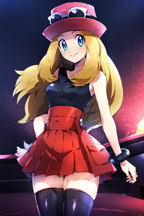 <lora:Konpeto_Style_Dim32:0.8>, , ((masterpiece,best quality)), absurdres, <lora:serena_v1:0.7>, serena \(pokemon\), 1girl, long hair, blue eyes, thighhighs, long hair, hat, jewelry, bracelet, black thighhighs, collared shirt, pleated skirt, red skirt, sleeveless, high-waist skirt, sleeveless shirt, eyelashes, pink headwear, black shirt, eyewear on headwear, solo, smiling, looking at viewer, cowboy shot, cinematic composition, contrapposto,