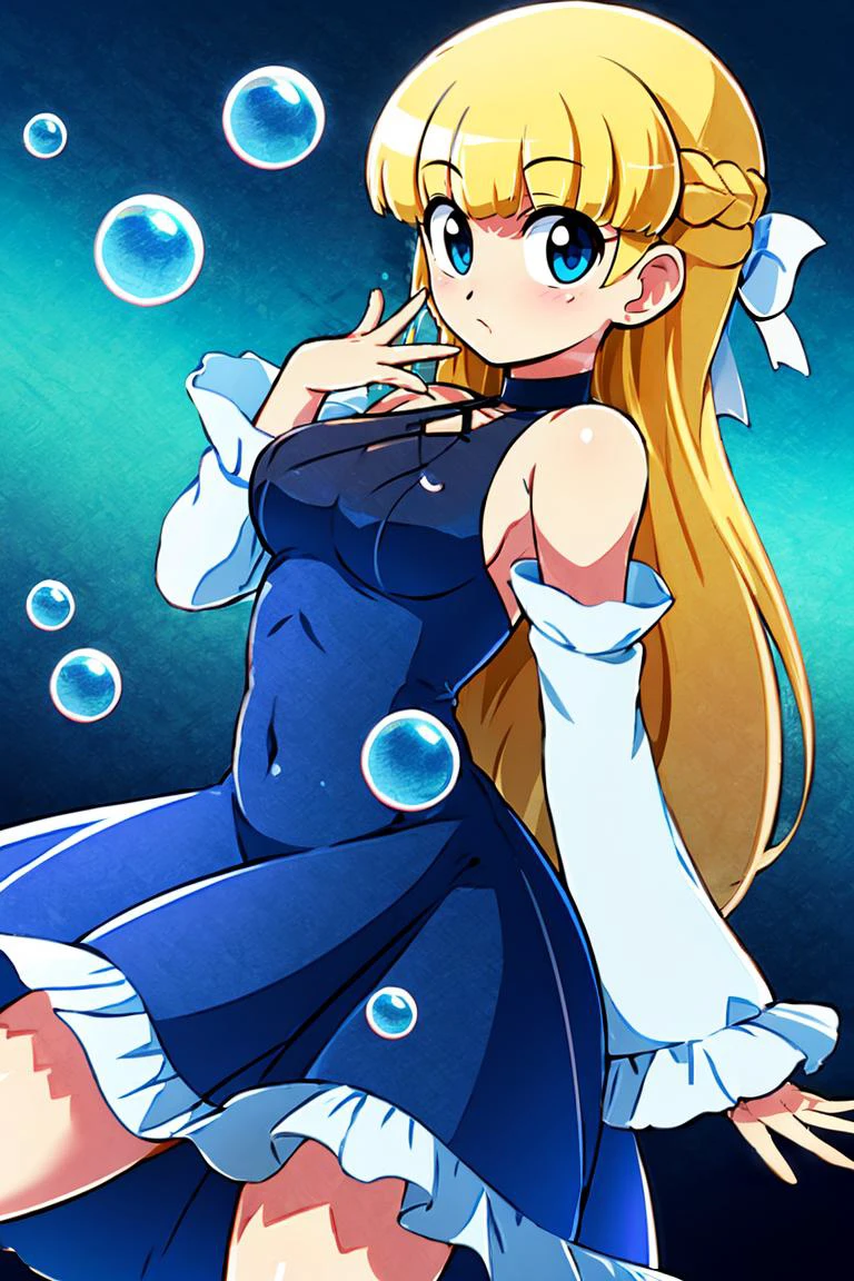 <lora:Konpeto_Style_Dim32:0.8>,centered, award winning photo, (looking at viewer:1.2), | | underwater, bubbles, coral reef, | bokeh, depth of field, cinematic composition, | <lora:Squirtle_Pokemon:0.8> 1girl, blue eyes, very long hair, blonde hair, long blonde hair,( french braid:1.1), bangs, medium breasts, hair ribbon, frilled choker, criss-cross halter, (blue dress:1.1), sleeveless dress, high-waist skirt, backless dress, waist bow, black detached sleeves, frilled sleeves,