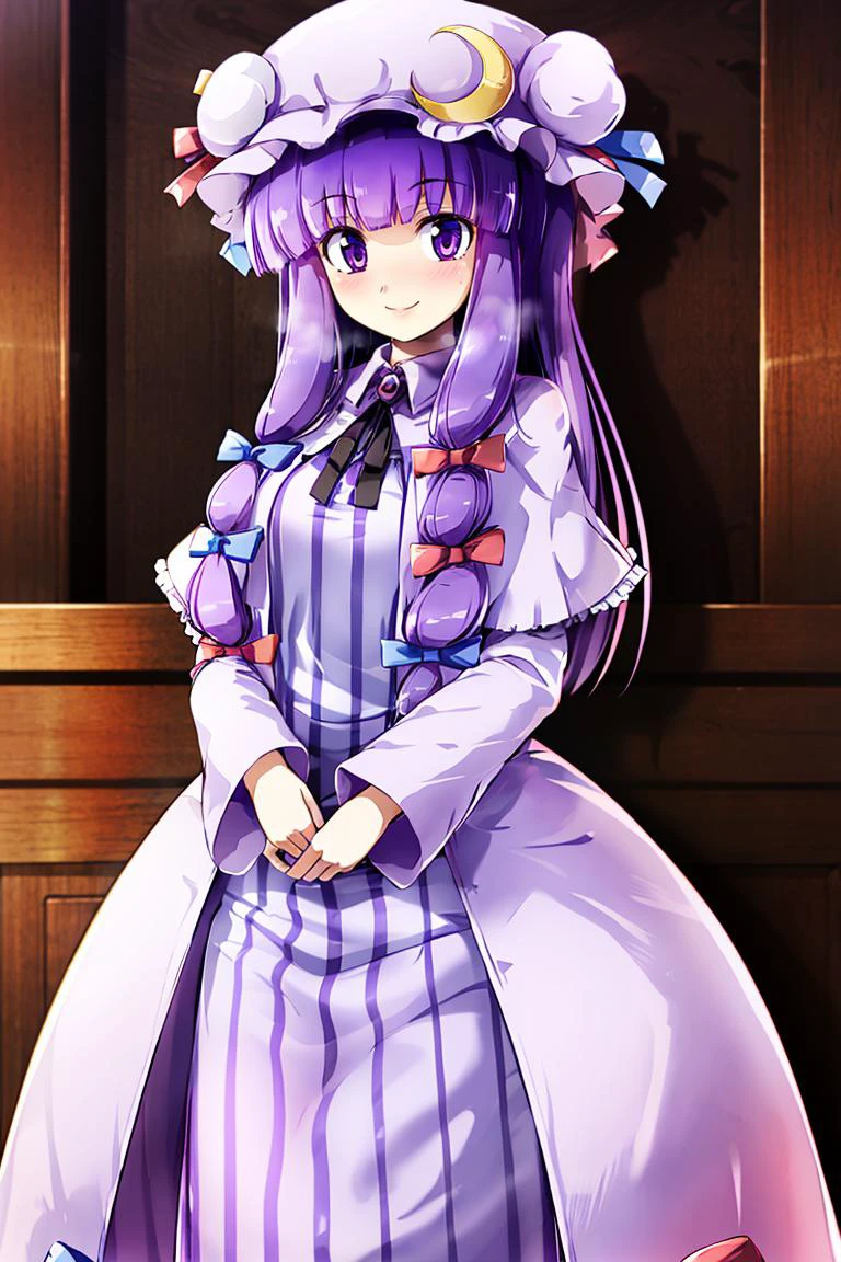<lora:Konpeto_Style_Dim32:0.8>,
patchouli knowledge, 1girl, dress, (purple hair, purple eyes:1), long hair, mob cap, crescent hat ornament, ribbon, dress, <lora:patchouli:0.9>, smile,
