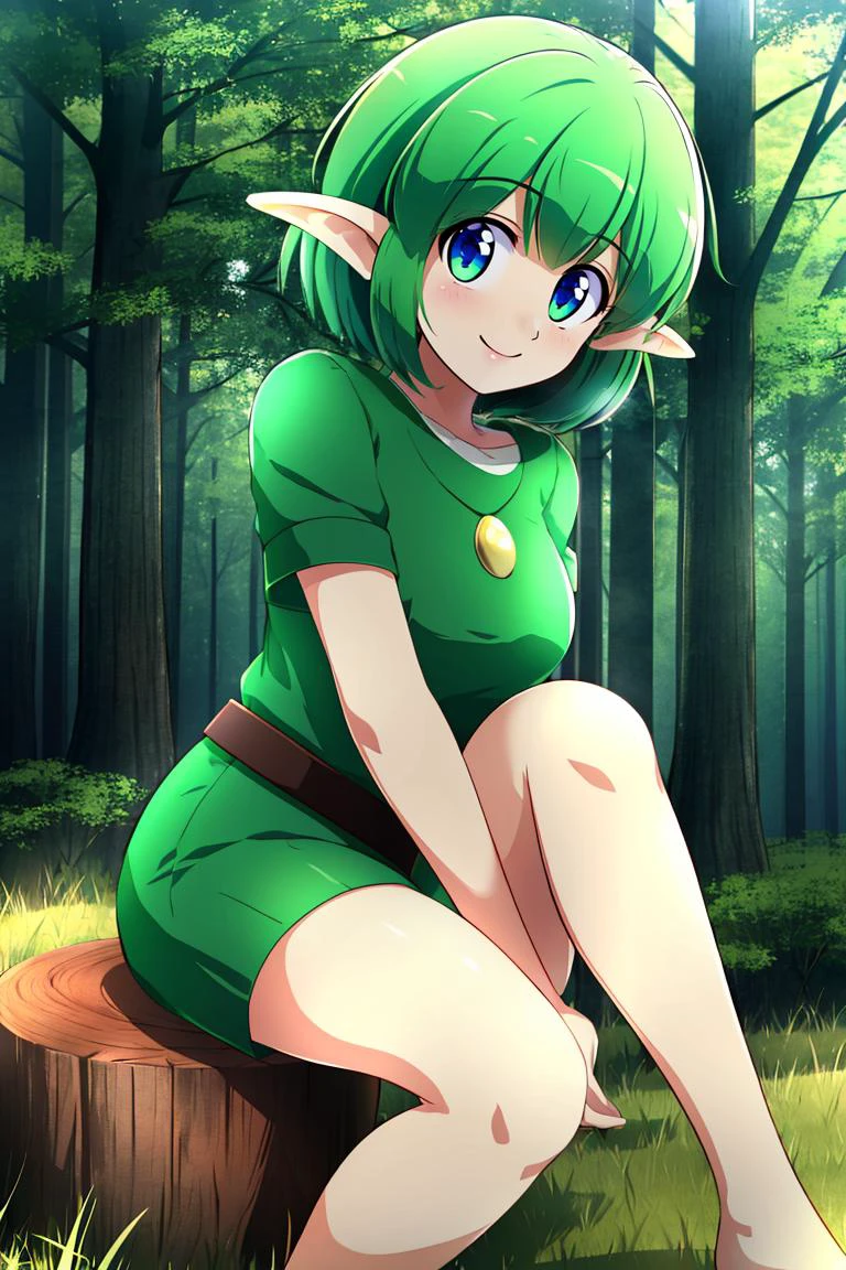 <lora:Konpeto_Style_Dim32:0.8>, , ((masterpiece,best quality)), absurdres, blue eyes, short green hair, green shirt, green sleeves, green shorts, elf, pointy ears, solo, smiling, sitting on tree stump, looking at viewer, forest background,
