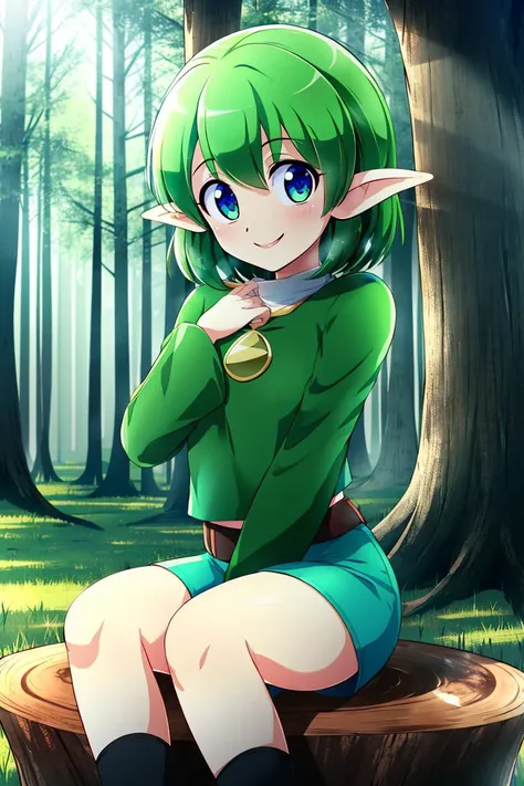 <lora:Konpeto_Style_Dim32:0.8>, , ((masterpiece,best quality)), absurdres, blue eyes, short green hair, green shirt, green sleeves, green shorts,  elf, pointy ears, solo, smiling, sitting on tree stump,  looking at viewer, forest background,