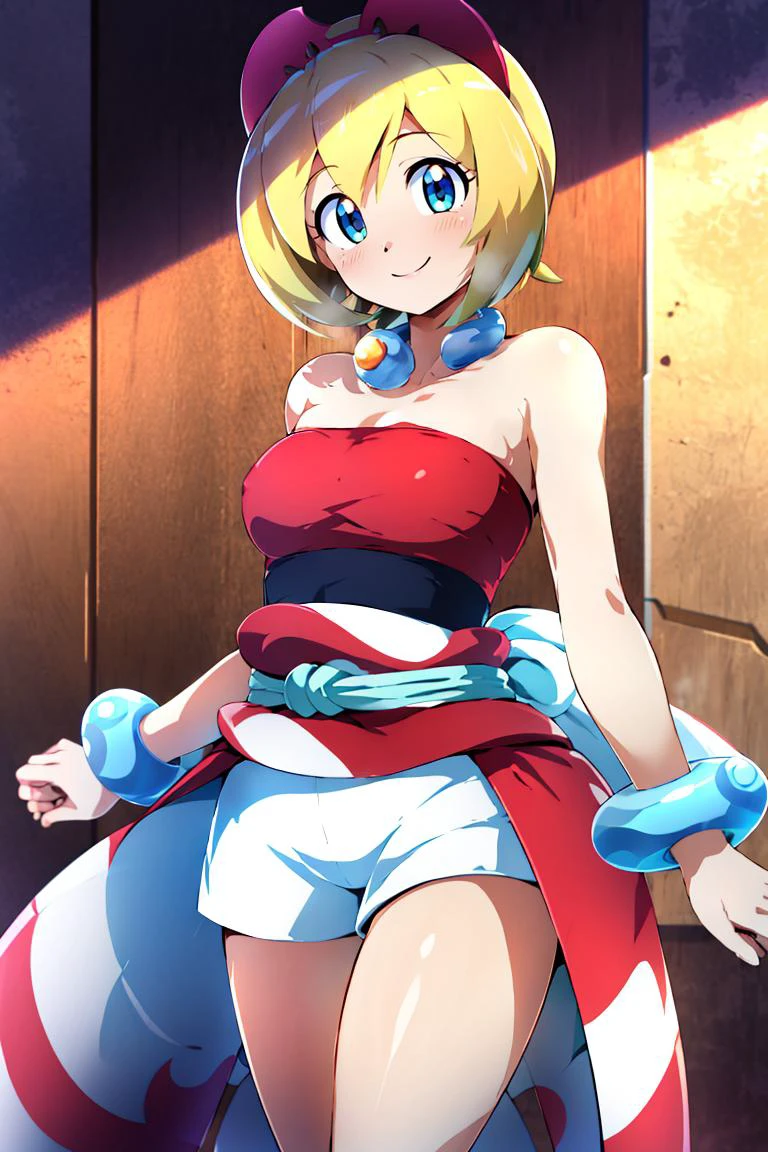 <lora:Konpeto_Style_Dim32:0.8>, , ((masterpiece,best quality)), absurdres,  <lora:irida_(pokemon)_v1:0.7>, aairida, short hair, red hairband, neck ring, collar, strapless shirt, red shirt, bracelet, sash, waist cape, white shorts, bare legs, solo, smiling, looking at viewer, cowboy shot,  cinematic composition, contrapposto,