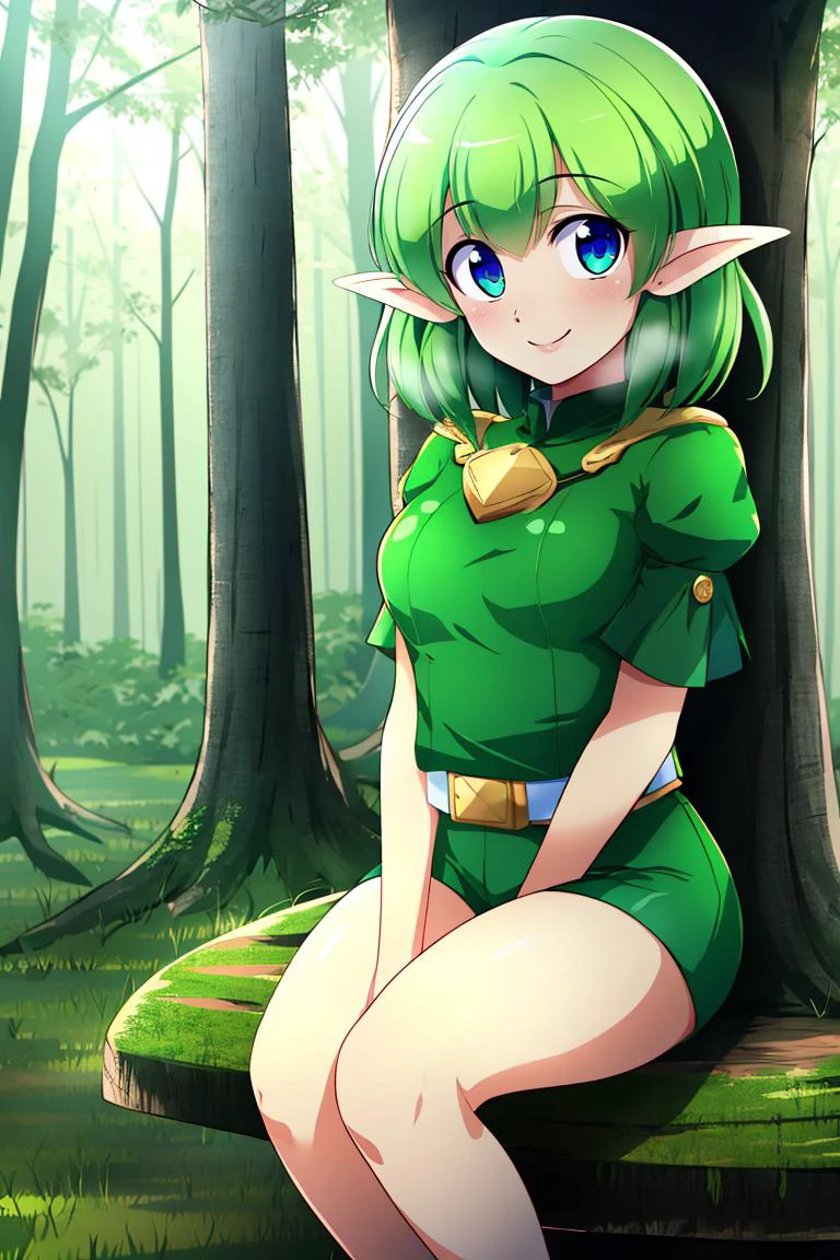 <lora:Konpeto_Style_Dim32:0.8>, , ((masterpiece,best quality)), absurdres, blue eyes, short green hair, green shirt, green sleeves, green shorts, elf, pointy ears, solo, smiling, sitting on tree stump, looking at viewer, forest background,
