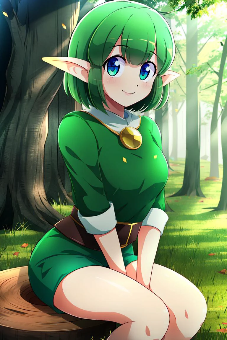 <lora:Konpeto_Style_Dim32:0.8>, , ((masterpiece,best quality)), absurdres, blue eyes, short green hair, green shirt, green sleeves, green shorts, elf, pointy ears, solo, smiling, sitting on tree stump, looking at viewer, forest background,