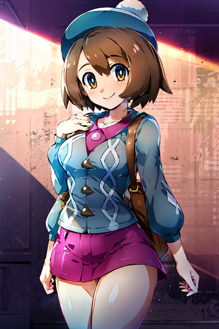 <lora:Konpeto_Style_Dim32:0.8>, , ((masterpiece,best quality)), absurdres, <lora:gloria_(pokemon)_v1:0.7>, gloria \(pokemon\), brown hair, solo, backpack, brown eyes, tam o' shanter, grey cardigan, pink dress, short hair, green socks, socks, brown bag, bob cut, bangs, long sleeves, collared dress, solo, smiling, looking at viewer, cowboy shot, cinematic composition, contrapposto,